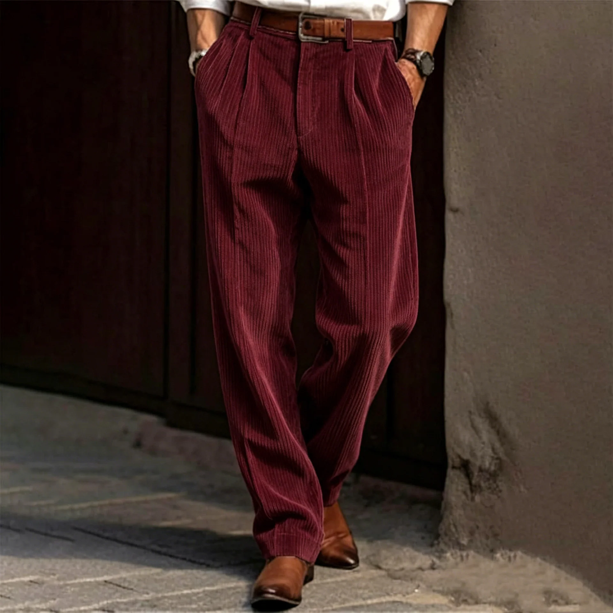 Men High Waist Striped Corduroy Loose Pants
