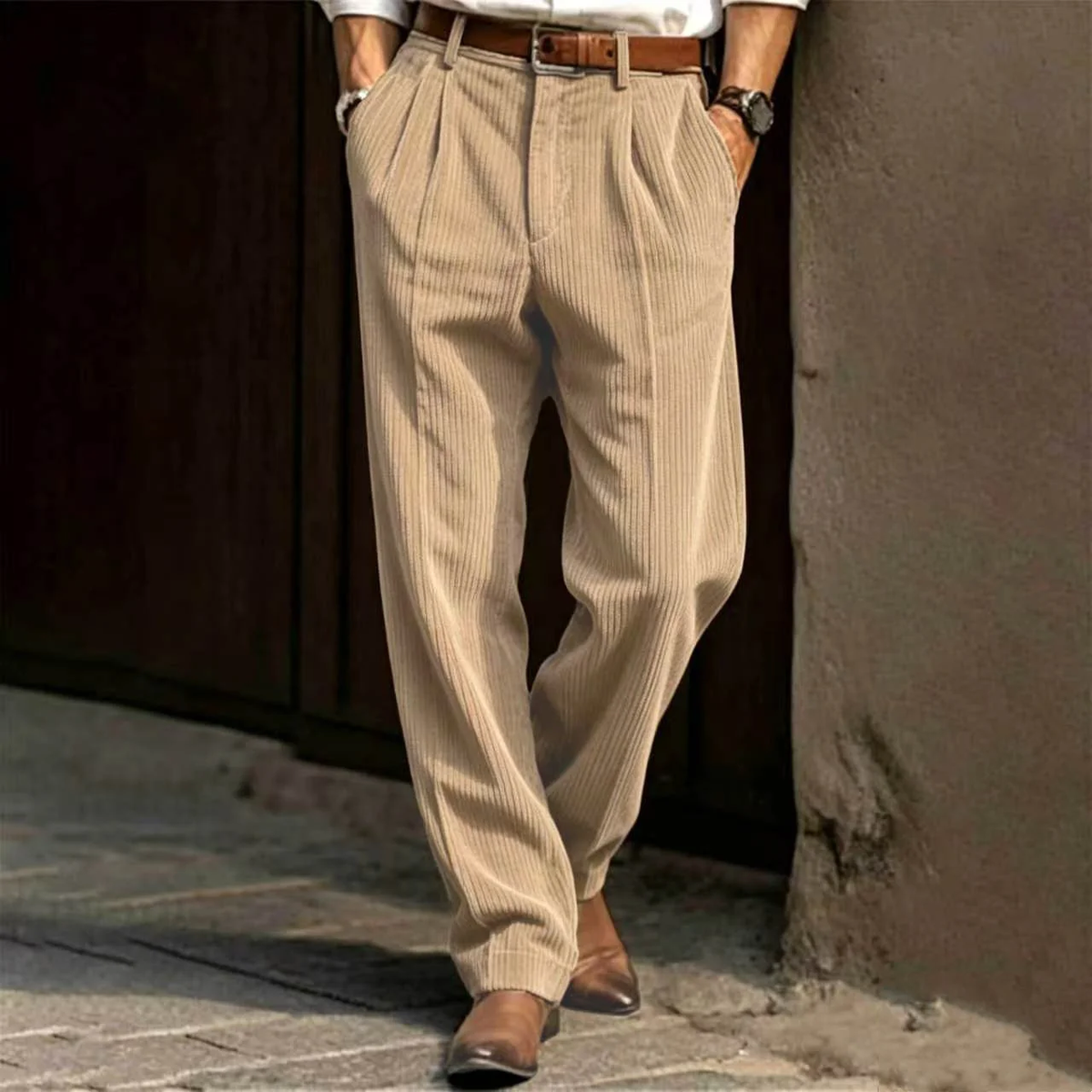 Men High Waist Striped Corduroy Loose Pants