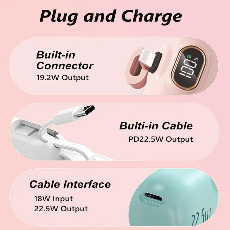 5000mAh Compact Power Bank Charger - Pocket-Sized Mini Mobile Device Travel Charger, 22.5W Fast Charge, Type-C & USB-A Ports, Digital Power Indicator, Lightweight Cool Gadgets, Compatible with iPhone 11-18, TikTok Shop Back to School