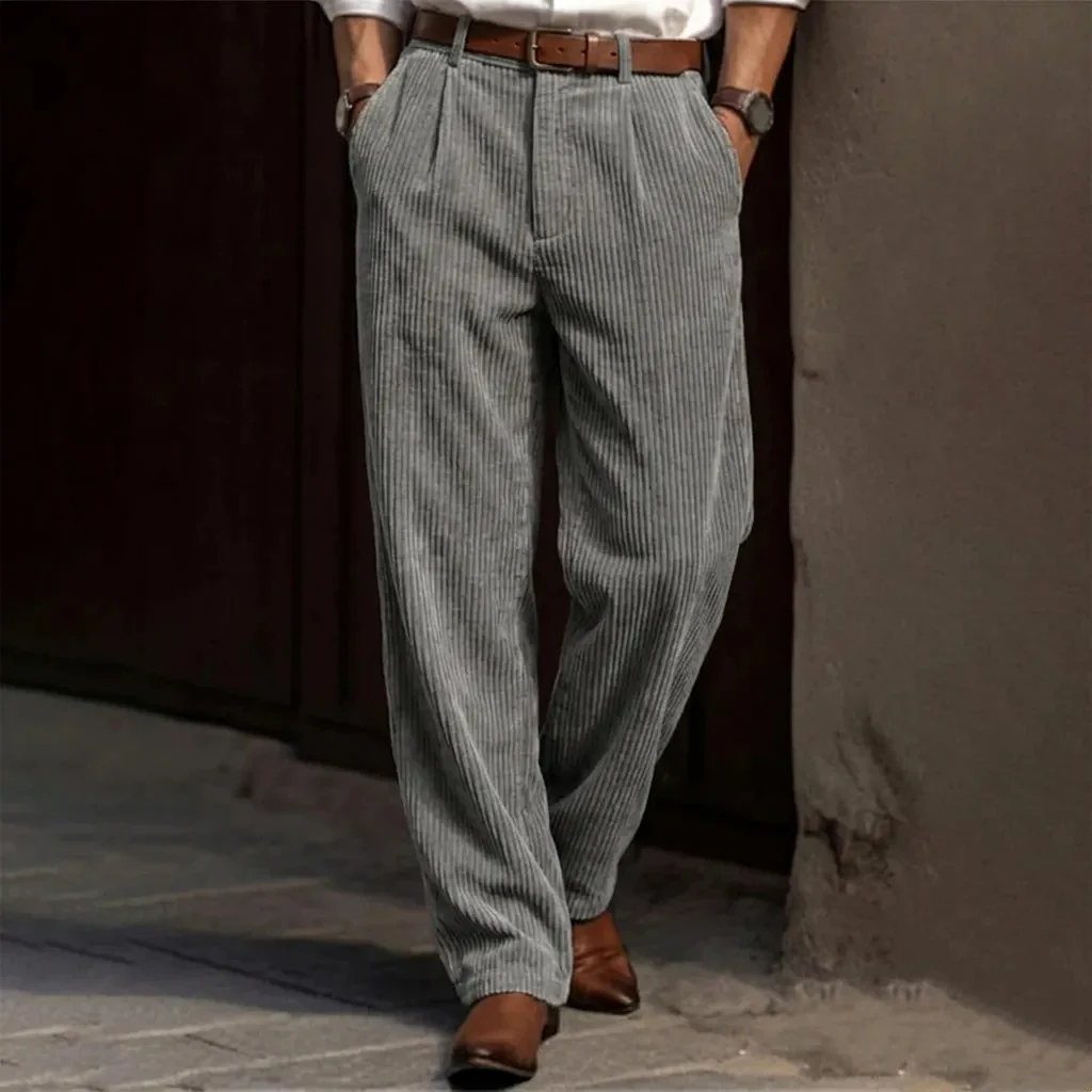Men High Waist Striped Corduroy Loose Pants
