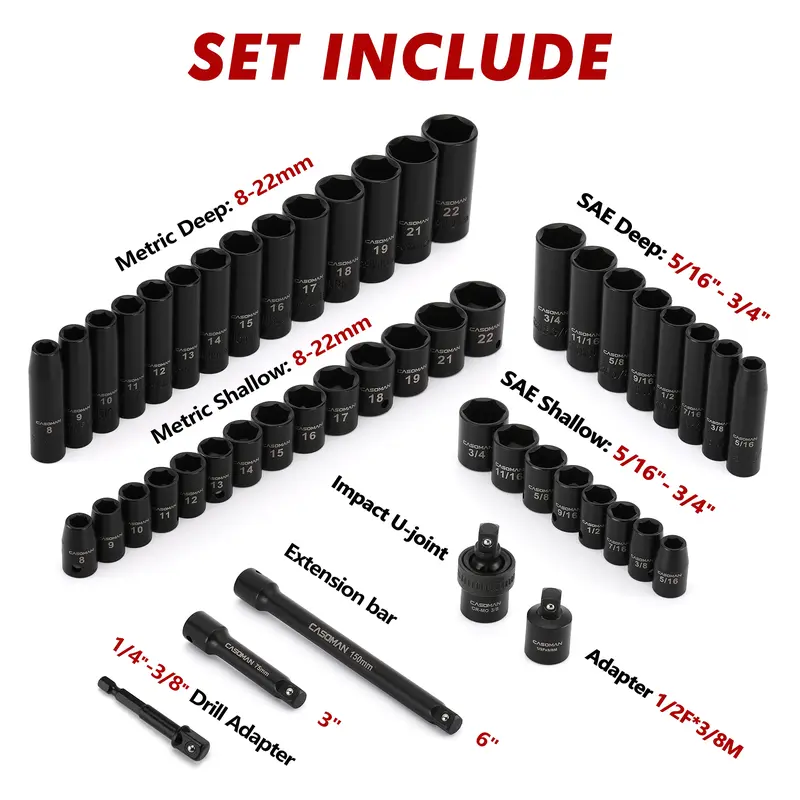 49 Piece 3/8" Drive 6 Point Chrome Vanadium Steel Impact Sockets Set Ratchet Socket Wrench, Extension Bars, Adapter, Universal Joint, Laser Etching, Rounded Off Guard, Corrosion Resist, Fast Size ID, Automotive Mechanic Tools #tool upgrade,toolu