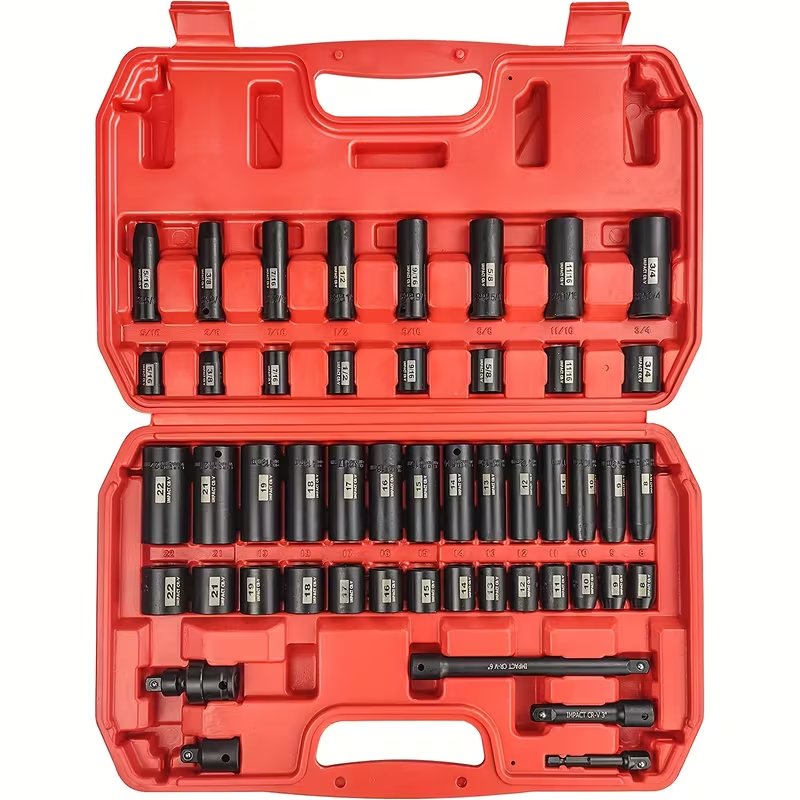 49 Piece 3/8" Drive 6 Point Chrome Vanadium Steel Impact Sockets Set Ratchet Socket Wrench, Extension Bars, Adapter, Universal Joint, Laser Etching, Rounded Off Guard, Corrosion Resist, Fast Size ID, Automotive Mechanic Tools #tool upgrade,toolu