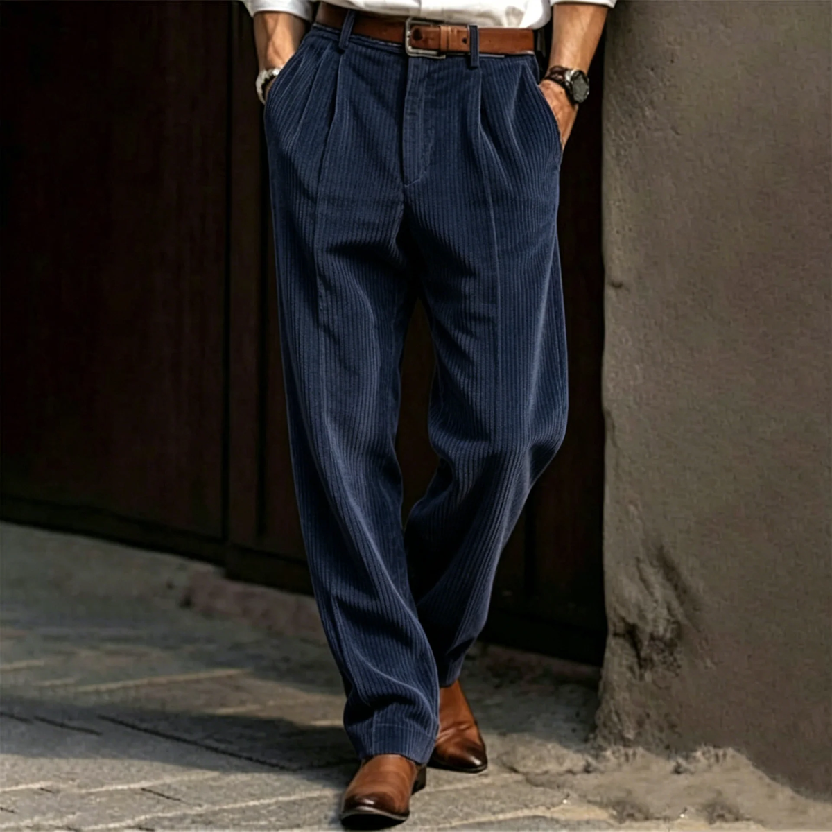 Men High Waist Striped Corduroy Loose Pants