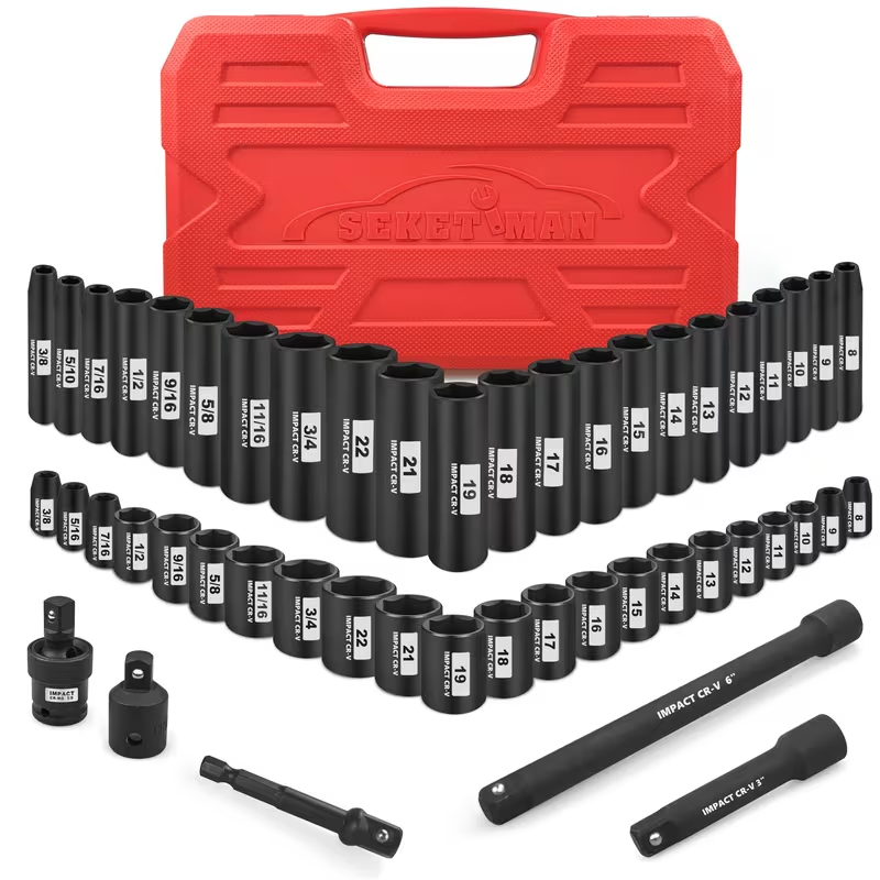 49 Piece 3/8" Drive 6 Point Chrome Vanadium Steel Impact Sockets Set Ratchet Socket Wrench, Extension Bars, Adapter, Universal Joint, Laser Etching, Rounded Off Guard, Corrosion Resist, Fast Size ID, Automotive Mechanic Tools #tool upgrade,toolu